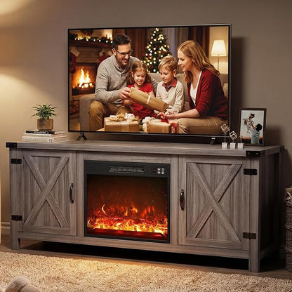 YESHOMY Fireplace TV Stand with Two Barn Doors and Storage Cabinets for Televisions up to 65+ Inch, Entertainment Center Console Table, Media Furniture for Living Room, 58 Inch, Gray