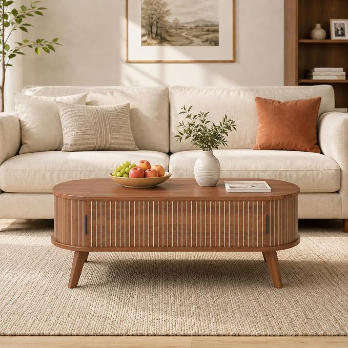 Oval Lift Top Coffee Table with Storage, 47.2" Mid Century Modern Fluted Coffee Table with Sliding Tambour Doors & Hidden Compartment, for Living Room Home Office, Walnut