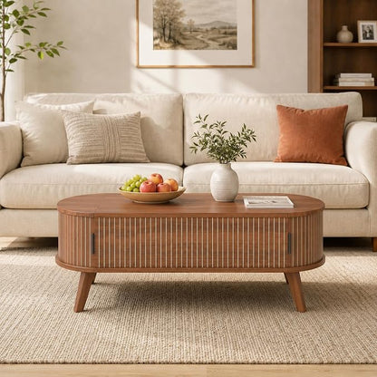 Oval Lift Top Coffee Table with Storage, 47.2" Mid Century Modern Fluted Coffee Table with Sliding Tambour Doors & Hidden Compartment, for Living Room Home Office, Walnut