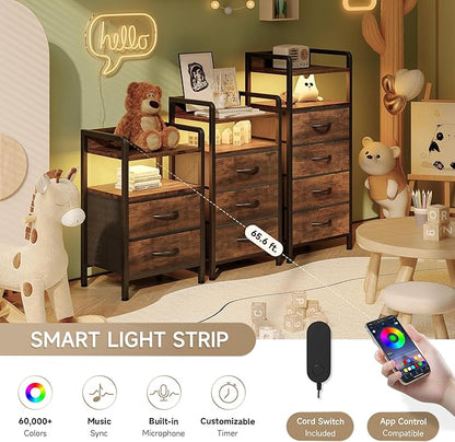 Lazzanto Night Stand Bedside Table Bedroom - Tall Nightstand with Charging Station & LED Light Strip, Bed Side Table with Storage Shelf & 4 Drawers, End Table with U-S-B Ports & AC Outlets, Brown