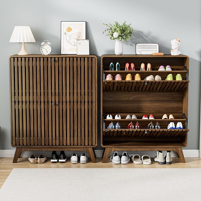 Fluted Narrow Shoe Cabinet for Entryway, Slim Wood Shoe Storage Cabinet with Flip Drawers, Bamboo Thin Shoe Rack Organizer for Entry Way, Hallway, Hidden, Walnut