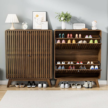 Fluted Narrow Shoe Cabinet for Entryway, Slim Wood Shoe Storage Cabinet with Flip Drawers, Bamboo Thin Shoe Rack Organizer for Entry Way, Hallway, Hidden, Walnut