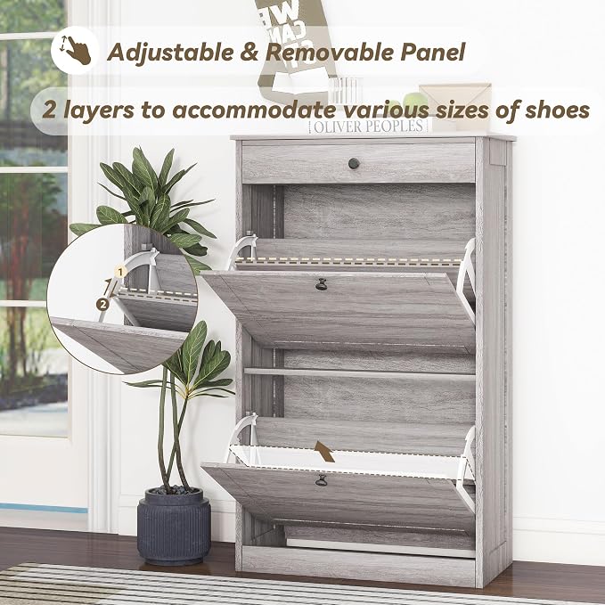 FTZxHKLX Shoe Storage Cabinet with 2 Flip Drawers, Narrow Freestanding Hidden Shoe Rack Cabinet, Pet-Proof Shoe Organizer for Closet, Entryway, Hallway, Wash Grey