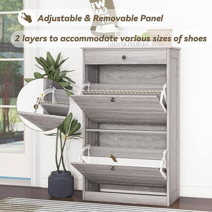 FTZxHKLX Shoe Storage Cabinet with 2 Flip Drawers, Narrow Freestanding Hidden Shoe Rack Cabinet, Pet-Proof Shoe Organizer for Closet, Entryway, Hallway, Wash Grey