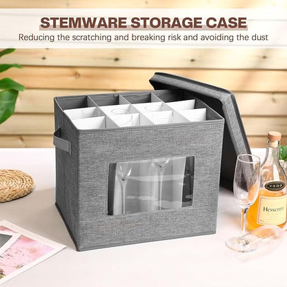 Uiifan 4 Pcs Champagne Flute Storage Box with Dividers 12 Compartment Stemware Storage Cases China Container Box with Lid, Handles, PVC Window for Moving, Gray
