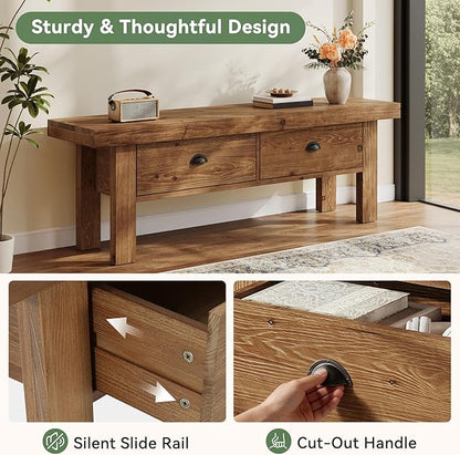 55" Solid Wood Entryway Bench with 2 Drawers, Farmhouse Long Bench End of Bed Stool with Open Storage Shelves for Hallway, Mudroom, Bedroom, Dark Brown