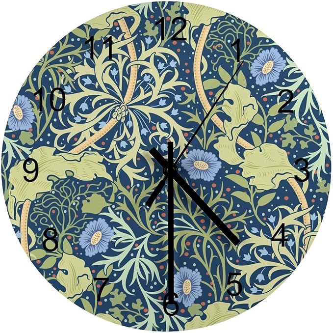 Retro Floral Wood Wall Clock, Vintage Botanical Garden Plants Herbs Flowers William Morris Style 12 Inch Silent Non-Ticking Battery Operated Round Clock for Bedroom Living Room Office Kitchen Decor