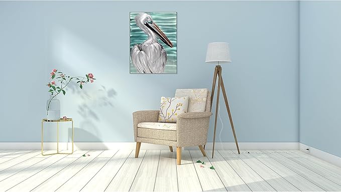SYGALLERIER Metal Wall Art - Handcrafted Pelican Birds on 24x16 inch Aluminum Panel Coastal and Beach Theme - Light Blue Living Room, Bedroom, Bathroom Decor