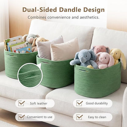 Cotton Rope Storage Basket, 15x10x9 Inches, Woven Basket for Shelves, Clothes, Towels, Books, and Laundry, Green (1 Pack)
