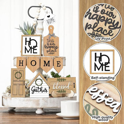 11 Pcs Home Tiered Tray Decor Gather Rustic Farmhouse Tiered Tray Decorations Set Home Wooden Signs Vintage Farm Animal Farmhouse Tabletop Wood Signs for Kitchen Table Shelf Decor