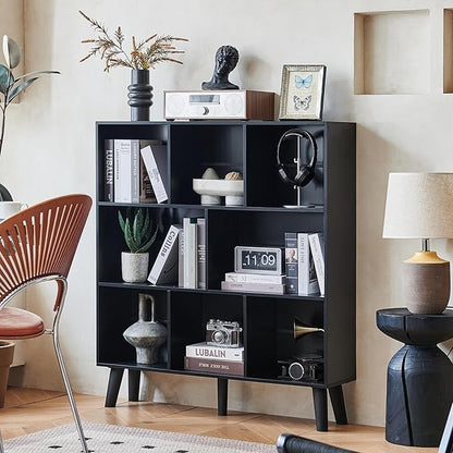 LEYAOYAO 8 Cube Bookshelf,3 Tier Bookcase with Legs,Black Mid-Century Modern Bookshelves,Large Open Storage Organizer Shelf, Wooden Book Case