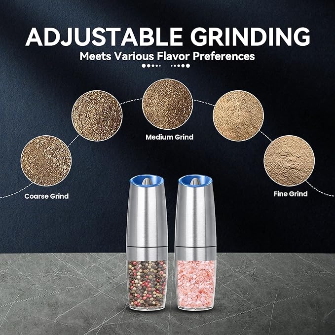 UNNEES Gravity Electric Salt and Pepper Grinder set of 2, Automatic Salt And Pepper Grinder Set, Adjustable Roughness, Battery Powered, LED Light, 2 Pack, (Silver)