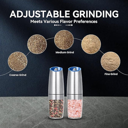 UNNEES Gravity Electric Salt and Pepper Grinder set of 2, Automatic Salt And Pepper Grinder Set, Adjustable Roughness, Battery Powered, LED Light, 2 Pack, (Silver)