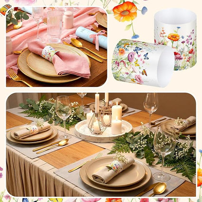 300 Pcs Spring Wildflower Paper Napkin Rings Disposable Napkin Bands Self Adhesive Colorful Wildflower Silverware Wrap Band for Floral Birthday Holiday Party Dinner Table Setting Decoration