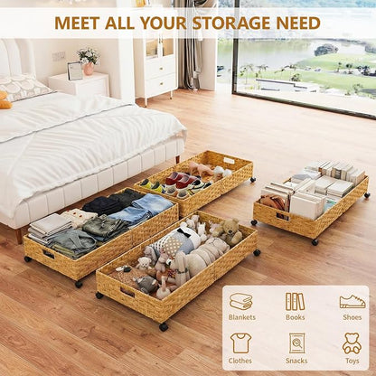 Under Bed Storage Containers with Wheels, 31.5” Large Handwoven Rattan Rolling UnderBed Storage Bins, Tool-free Assembly Natural Under The Bed Organizer Drawers for Bedroom, Sheets Clothes Blankets