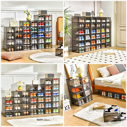 Stebopum 12 Pack Shoe Boxes Shoes Organizer, Shoe Storage Organizer Boxes with Magnetic Door, Clear Shoe Organizers Sneaker Storage Shoe Box for Women/Men, Fit up to US Size 12