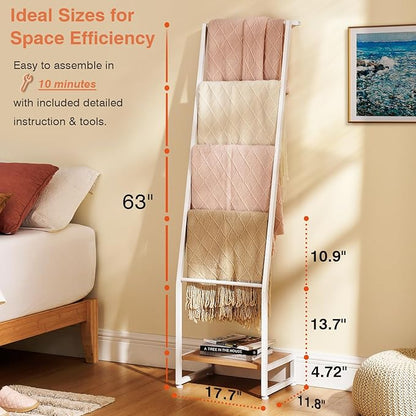 DGWJSU Blanket Ladder, 5 Tier Ladder Shelf,Wooden Blanket Ladders for Living Room and Bedroom, 5.2ft Blanket Holder Rack Farmhouse Ladder Rack for Storage and Home Decor (White)