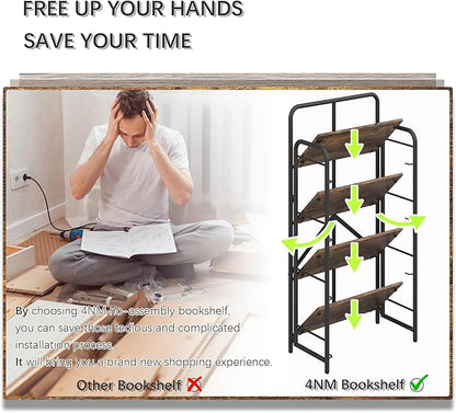 4NM No Assembly Folding Bookshelf, 4 Tiers Collapsible Book Shelves Open Industrial Foldable Storage Bookcase Shelf for Bedroom, Living Room, Home Office - Rustic Brown and Black