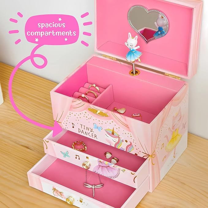 Giggle & Honey Musical Ballerina Jewelry Box for Girls - Kids Music Box with Spinning Ballerina, Ballerina Birthday Gifts for Little Girls, Jewelry Boxes, 6.8 x 5.3 x 6 in - Ages 3-10