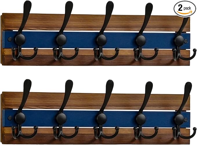 SKOLOO Rustic Wall Mounted Coat Rack - 16-7/8" Long Coat Hooks for Wall with 5 Triple Hooks for Hanging Coats, Hats or Tools, Western National Parks Collection, Wood Brown & Blue, Pack of 2