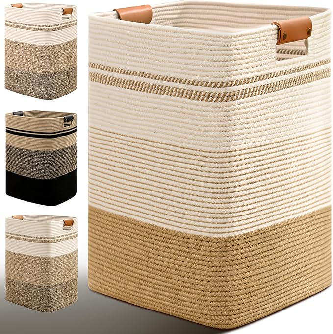 Degeyoyo Laundry Hamper, 75L Tall Laundry Basket with Leather Handles, Rectangle Large Clothes Hamper for Organizing, Cotton Woven Laundry Baskets Storage Hampers for Bedroom, Nursery, Living Room