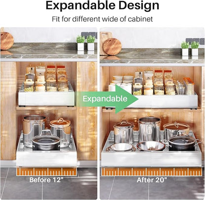Pull out Cabinet Organizer, 4-pack, Expandable(12"-20") Heavy Duty Slide out Drawers Fixed with Adhesive Nano Film for Pots, Roll out Shelf Storage for Kitchen Base Cabinet Organization(3 Rails)
