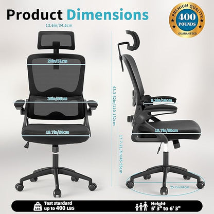 Ergonomic Office Chair,Mesh Office Chair with Lumbar Support,High Back Desk Chair with Flip-up Arms,400 lbs Big and Tall Computer Chair with Headrest,Comfy Desk Chairs (Black)