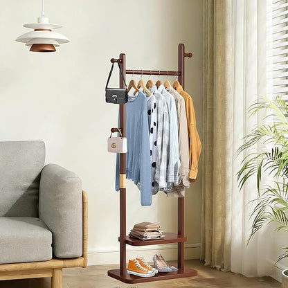 Freestanding Coat Rack with 2 Storage Shelves and 5 Hooks, Heavy Duty Wood Garment Rack for Bedroom, Hallway, Entryway (23.6x11.4x62.6 in)