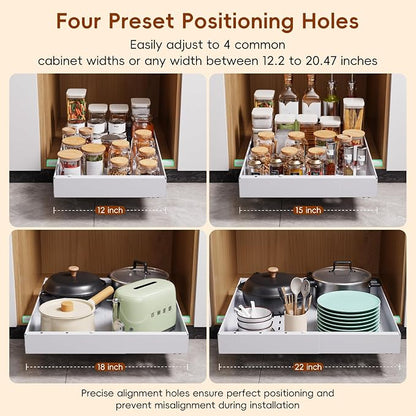 OneDream 4 Pack Pull Out Cabinet Organizer, 21" Deep Slide Out Drawers for Kitchen Cabinets, No Drill Adhesive Pull Out Drawers for Cabinets, Roll Out Shelves Adjustable Width 12.05"-20.4"