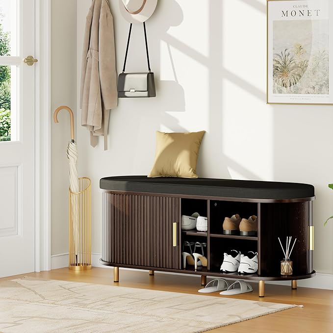 DHH 2-Tier Storage Bench, 43.3" Wide Shoe Bench with Thickened Padded Seat Cushion, Mid Century Modern Fluted Sliding Door and Adjustable Shelf, for Entryway, Living Room, Bedroom(Dark Walnut)