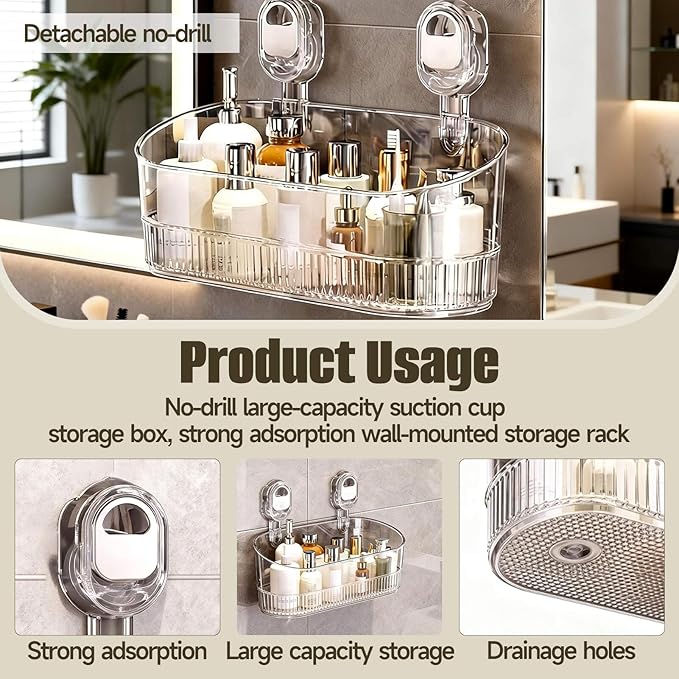 No-Drill Bathroom Suction Storage Box, Large Capacity Suction Cup Shower Shelf and Removable No Drill Storage Basket with Drain Holes, Strong Hold Wall Organizer for Bathroom Shower Kitchen Sink