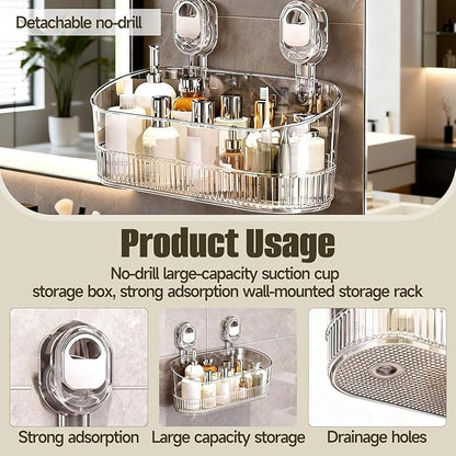 No-Drill Bathroom Suction Storage Box, Large Capacity Suction Cup Shower Shelf and Removable No Drill Storage Basket with Drain Holes, Strong Hold Wall Organizer for Bathroom Shower Kitchen Sink