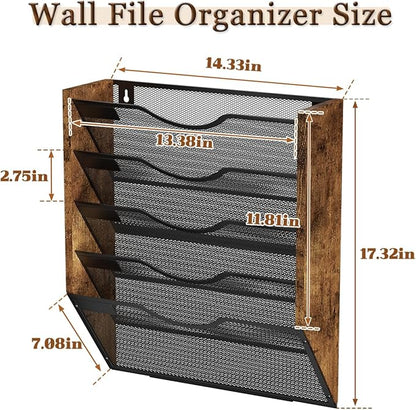 Ironwood Hanging Wall File Organizer, 5 Pocket Mesh Mail Organizer Wall Mounted with Nametag Label, Wall File Holder for Office Home School, Magazine Rack for Mail Paper Document Organization, Black