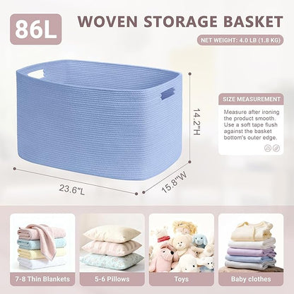 SunNewt 86L Large Baby Girls Laundry Basket for Nursery Storage,Cute Woven cotton Rope Baskets for Kids Toy，Gifts, Boho Square Wicker Blanket hamper for Living Room,Bedroom Dirty Clothes,Blue Purple