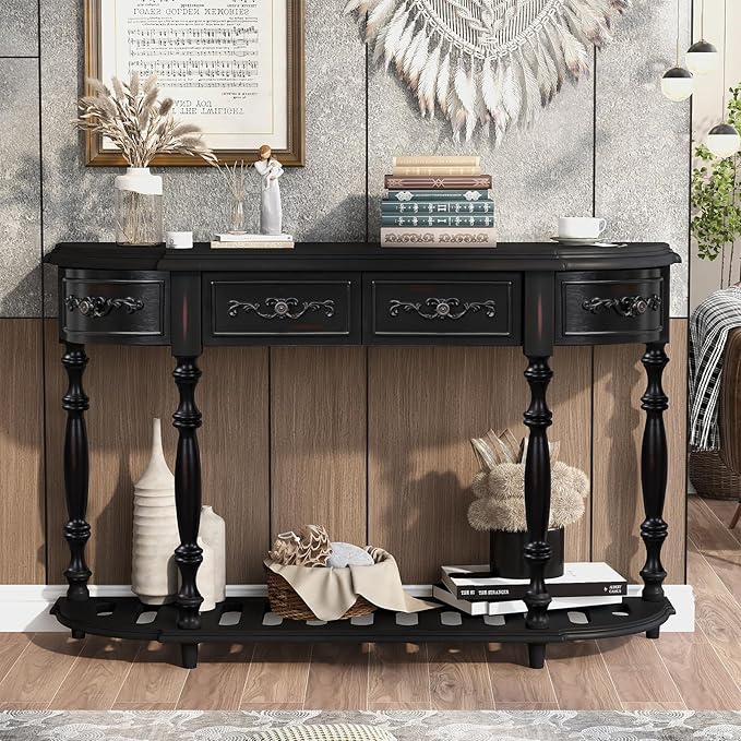HMFULE Retro Curved Console Table, 52" Solid Wood Half Moon Console Table Sofa Table with 4 Drawers 1 Open Shelf for Living Room,Entryway,Hallway,Black