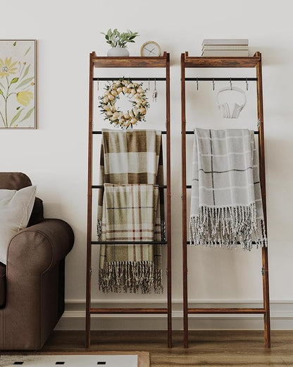Hzuaneri Blanket Ladder Shelf, Decorative Quilt Rack, 6-Tier Farmhouse Ladder Holder Organizer with 4 Removable Hooks 7.9" D x 17.3" W x 63.4" H, Rustic Brown BR35801B