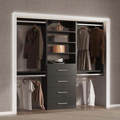 4 Drawer Short Tower Closet Unit, Modular Closet System, Wood Closet System Organizer with Storage for Walk In Closets, Clothing Rack Closet for Hanging Clothes, Bedroom, Black, 19.5"W