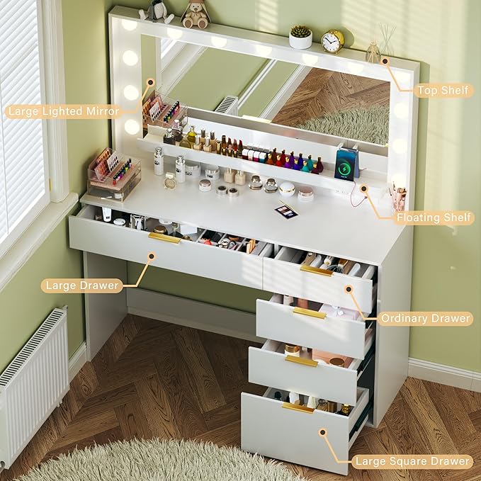 Makeup Vanity Desk with Lights & Large Mirror, 39.3in Vanity Desk with Mirror and Lights, 3 Lighting Color Adjustable, 5 Drawers, for Bedroom