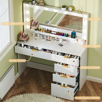 Makeup Vanity Desk with Lights & Large Mirror, 39.3in Vanity Desk with Mirror and Lights, 3 Lighting Color Adjustable, 5 Drawers, for Bedroom