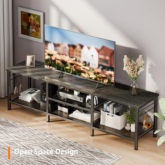 Furologee TV Stand for TVs up to 70 Inch, 63 Inch Entertainment Center with Open Storage Shelves, Television Stands with Soundbar Shelf for Living Room, Bedroom, Black Oak