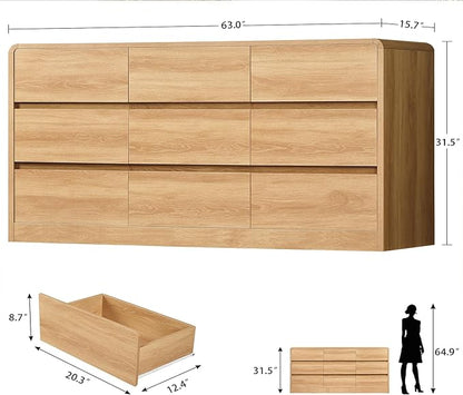 TEENFON 9 Drawer Dresser for Bedroom, 63" Wide Dressers & Chest of Drawers with Curved Profile Design, Wood Closet Storage Dressers Organizer for Bedroom, Living Room, Natural