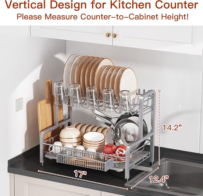 BOOSINY 2 Tier Dish Drainer Drying Rack for Kitchen Counter, Large Stainless Steel Dish Dryer with Drainboard, Big Rustproof Metal Space Saving Countertop Plate Strainer with Utensil Holder, Sliver
