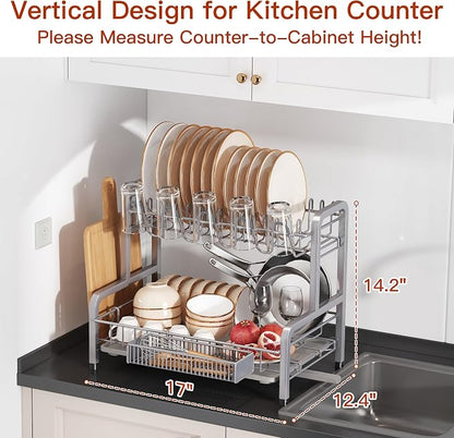 BOOSINY 2 Tier Dish Drainer Drying Rack for Kitchen Counter, Large Stainless Steel Dish Dryer with Drainboard, Big Rustproof Metal Space Saving Countertop Plate Strainer with Utensil Holder, Sliver