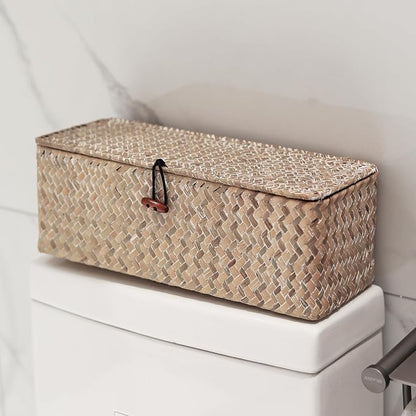 Whitewash Seagrass Tank Basket with Lid Woven Toilet Roll Storage Basket with Sections Rectangular for Organize Snack Toys (Large Compartment 16.5inch L x 5.5inch W x 5.5inch H)