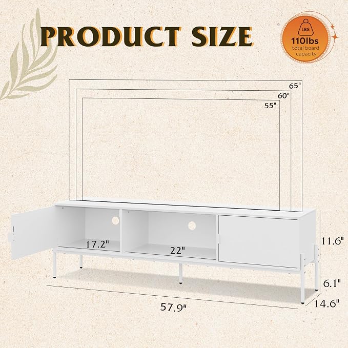 WLIVE 58" TV Stand for 65 Inch TVs, Mid Century Modern Entertainment Center with 2 Storage Cabinets & Open Shelf, Media Console Table with Metal Legs for Living Room, Bedroom, White
