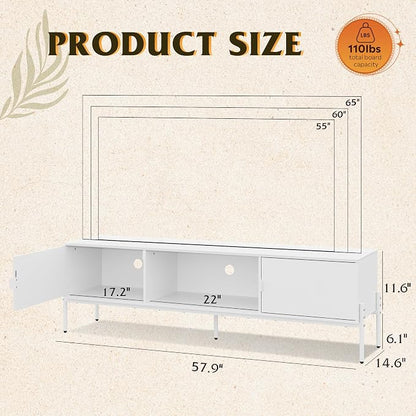 WLIVE 58" TV Stand for 65 Inch TVs, Mid Century Modern Entertainment Center with 2 Storage Cabinets & Open Shelf, Media Console Table with Metal Legs for Living Room, Bedroom, White