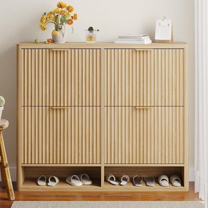 Shoe Storage Cabinet for Entryway with 4 Flip Drawers, 47.2" Large Modern Freestanding Shoe Organizer with Fluted Doors & Hidden Shoe Rack - Slim Enclosed Shoe Rack for Hallway (Oak)