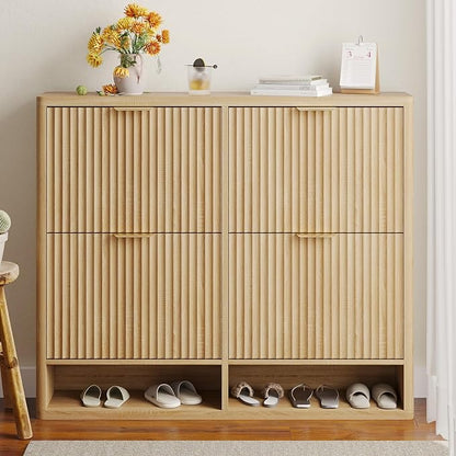 Shoe Storage Cabinet for Entryway with 4 Flip Drawers, 47.2" Large Modern Freestanding Shoe Organizer with Fluted Doors & Hidden Shoe Rack - Slim Enclosed Shoe Rack for Hallway (Oak)