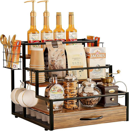 Countertop Coffee Syrup Rack Organizer, 4-Tier Wooden Holder Stand with 36 K Cup Storage Drawer for Coffee Bar Accessories,Condiment Storage Shelves for Kitchen,Home,Office,Restaurant