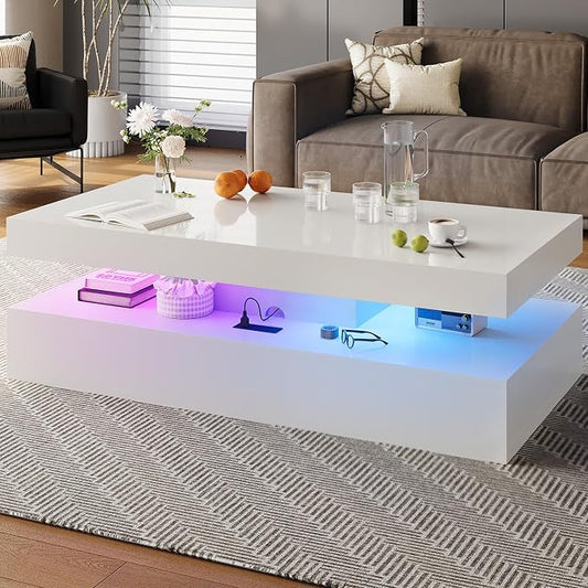 47” High-Glossy LED Coffee Table with 2 Sliding Drawers, Living Room Storage Coffee Tables, Modern Stylish Double-Layer Center Tables with LED Lights, White